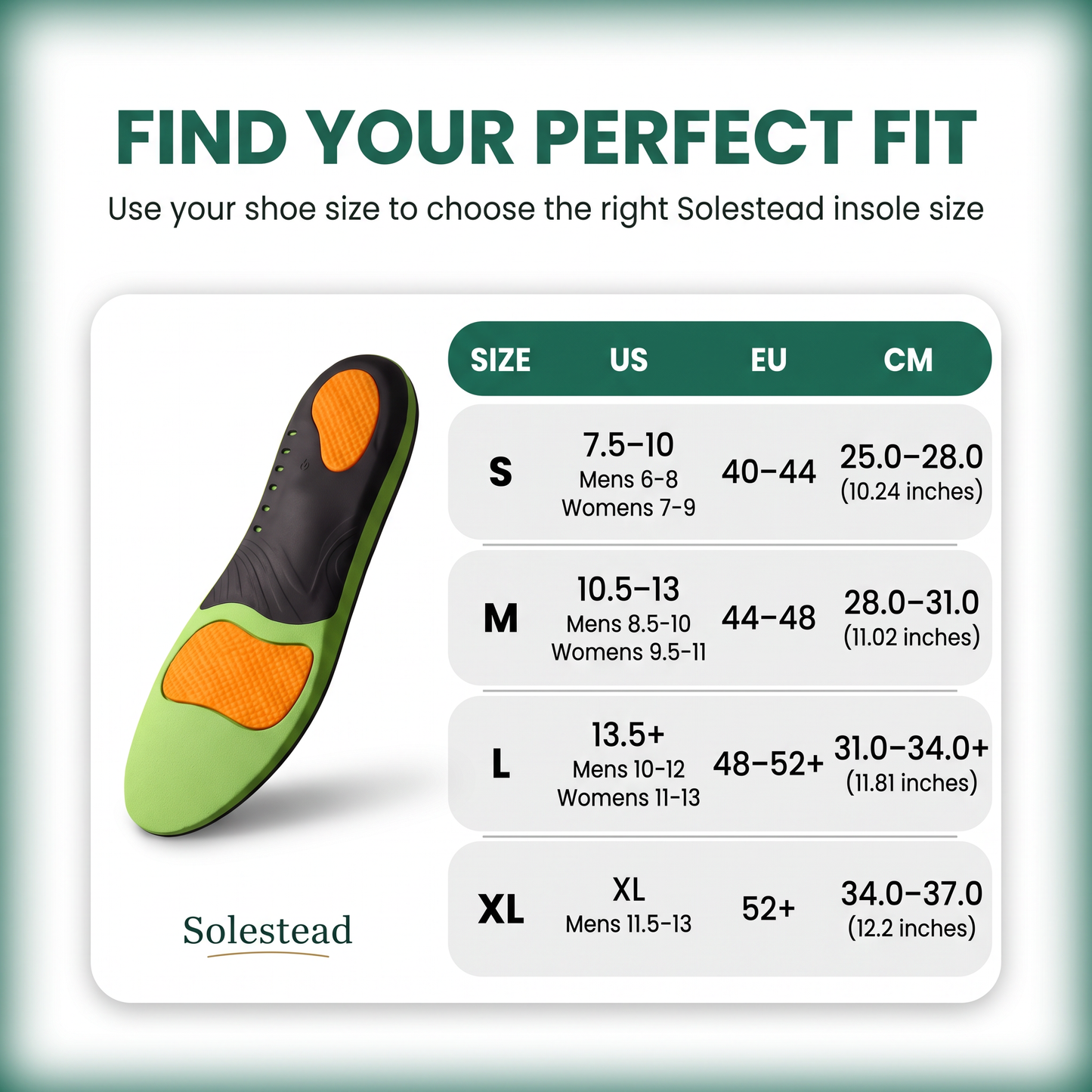 Solestead insole size chart mapping Small, Medium, Large and Extra Large to US shoe sizes