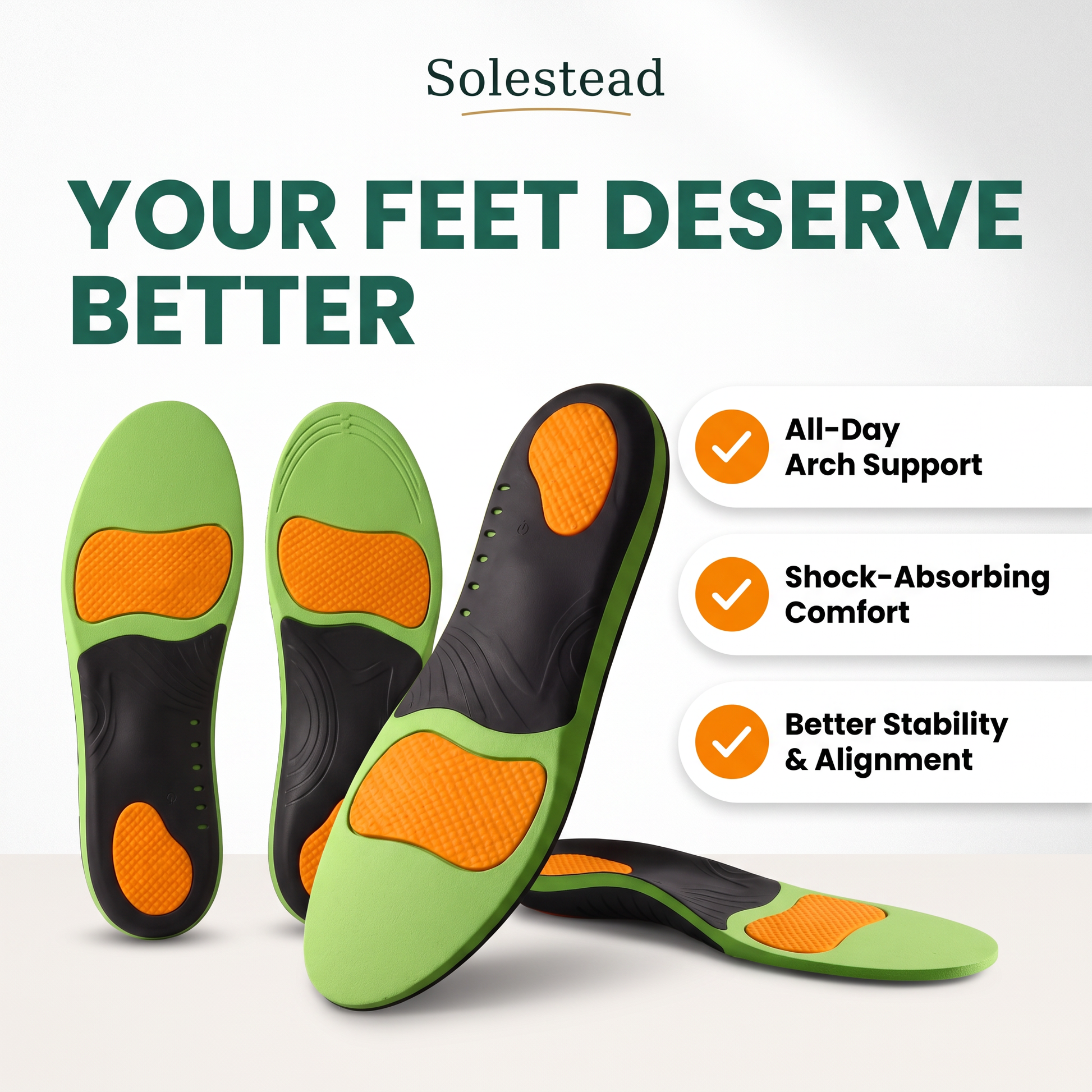 Solestead arch support insoles, top and side view, showing the reinforced TPU arch and orange cushioning zones at heel and forefoot