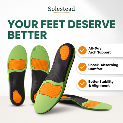 Solestead arch support insoles, top and side view, showing the reinforced TPU arch and orange cushioning zones at heel and forefoot