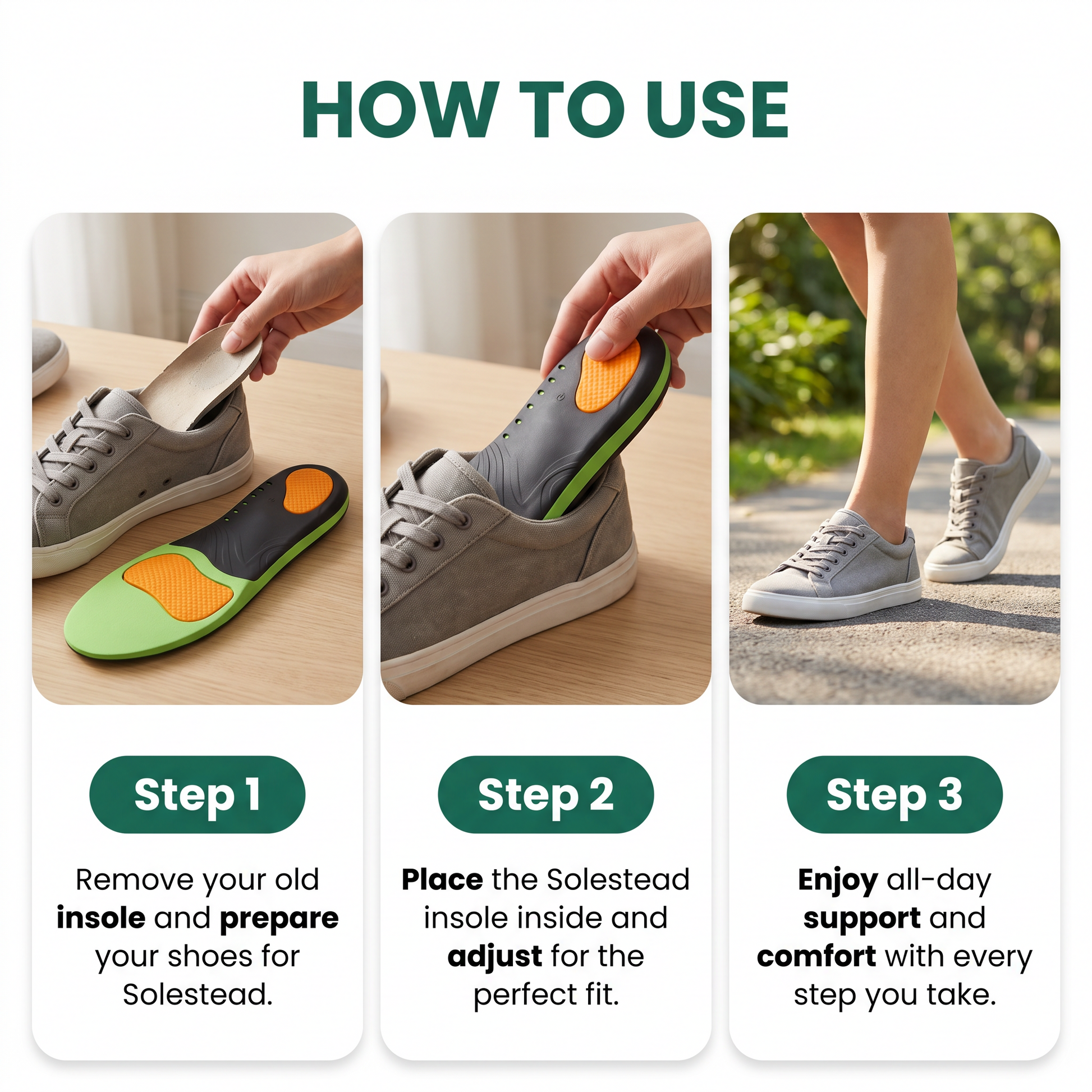 Step-by-step guide to fitting Solestead insoles: remove the existing insole, trim along the printed guide lines, and drop the new insole in