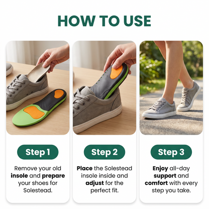 Step-by-step guide to fitting Solestead insoles: remove the existing insole, trim along the printed guide lines, and drop the new insole in